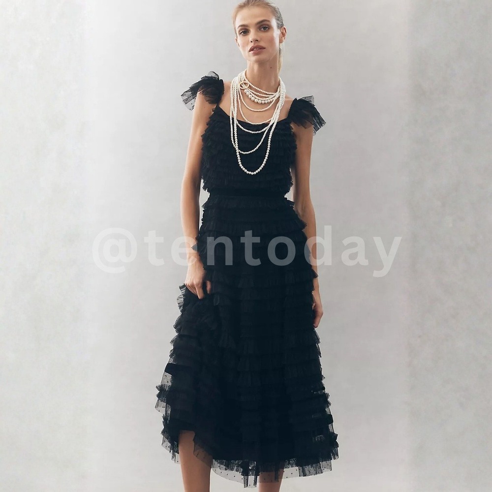 NWT Mac Duggal Size 8 Black Ruffle Cap Sleeve Tiered Ruffled Tulle Midi Dress